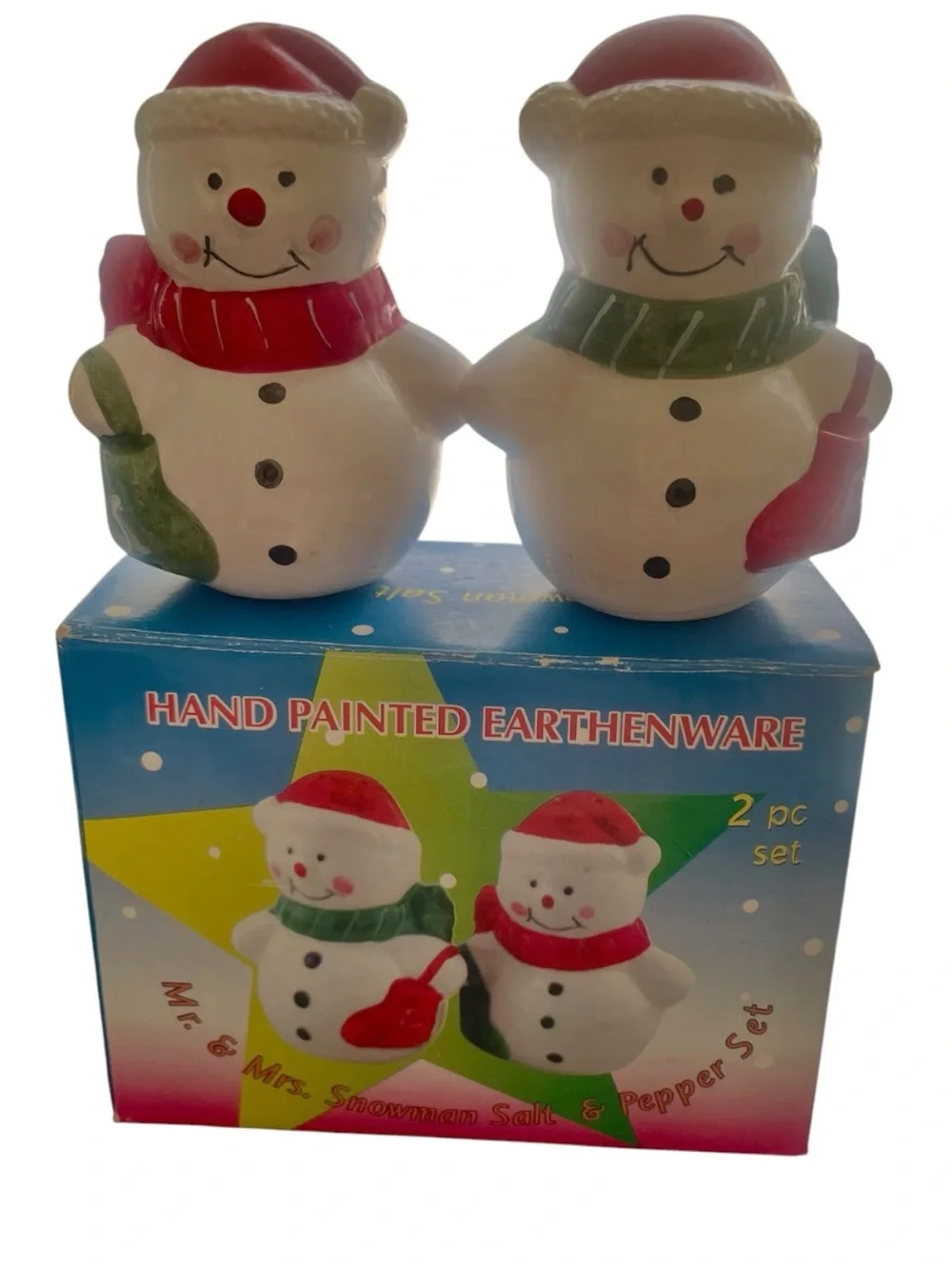 Hand Painted Vintage Snowman Salt & Pepper Shaker Set w/ Original Box